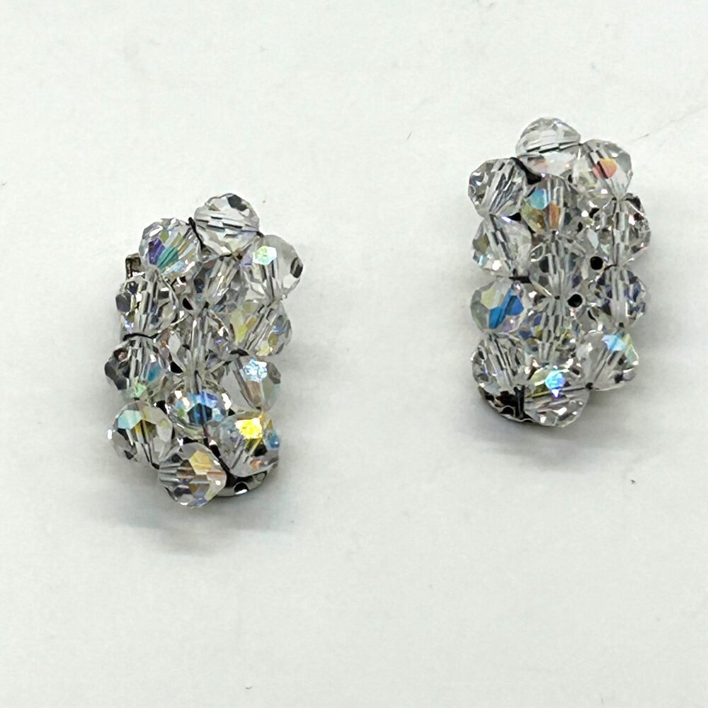 Vintage Aurora Borealis Beaded Clip-On Ear Climbers Elegant Bridal Prom Retro